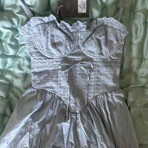 House of CB Light Blue Eyelet Midi Dress with Waist Tie